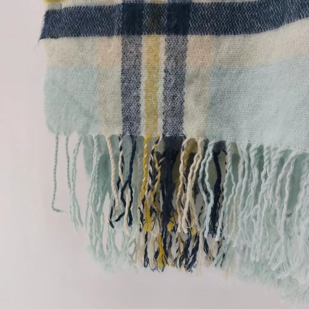 Steve Madden Fuzzy Scarf with Tassels Blue Navy Blue Aqua Yellow - Picture 6 of 10